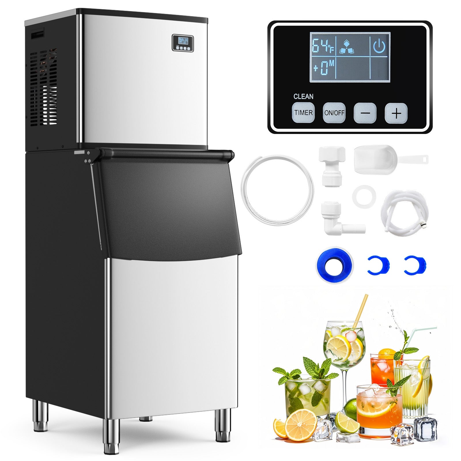 Commercial Ice Maker Machine 418 LBS/24H with 200 LBS Storage Bin-Silver