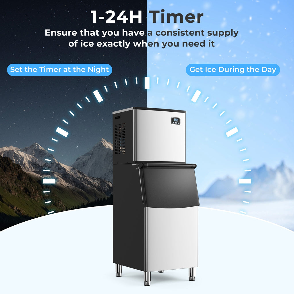 Commercial Ice Maker Machine 418 LBS/24H with 200 LBS Storage Bin-Silver