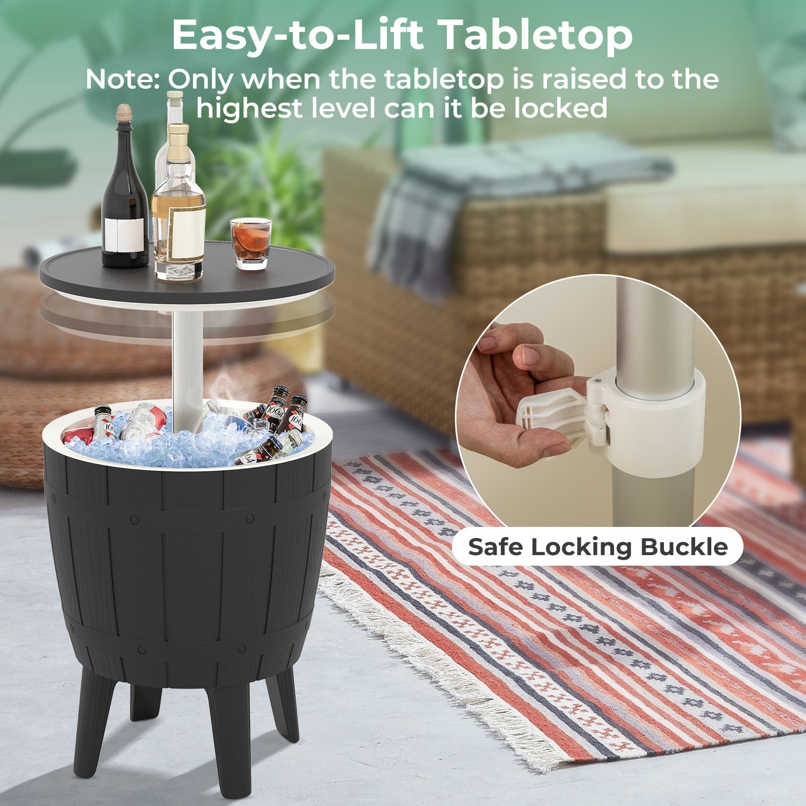 10 Gallon Cooler Bar Table Outdoor Coffee Table Ice Bucket with Telescopic Tabletop for Beer and Wine-Black
