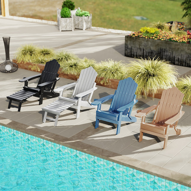All-Weather HIPS Patio Adirondack Lounge Chair with Retractable Footrest-Gray