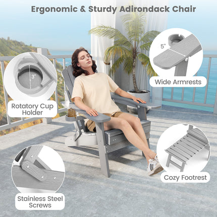 All-Weather HIPS Patio Adirondack Lounge Chair with Retractable Footrest-Gray