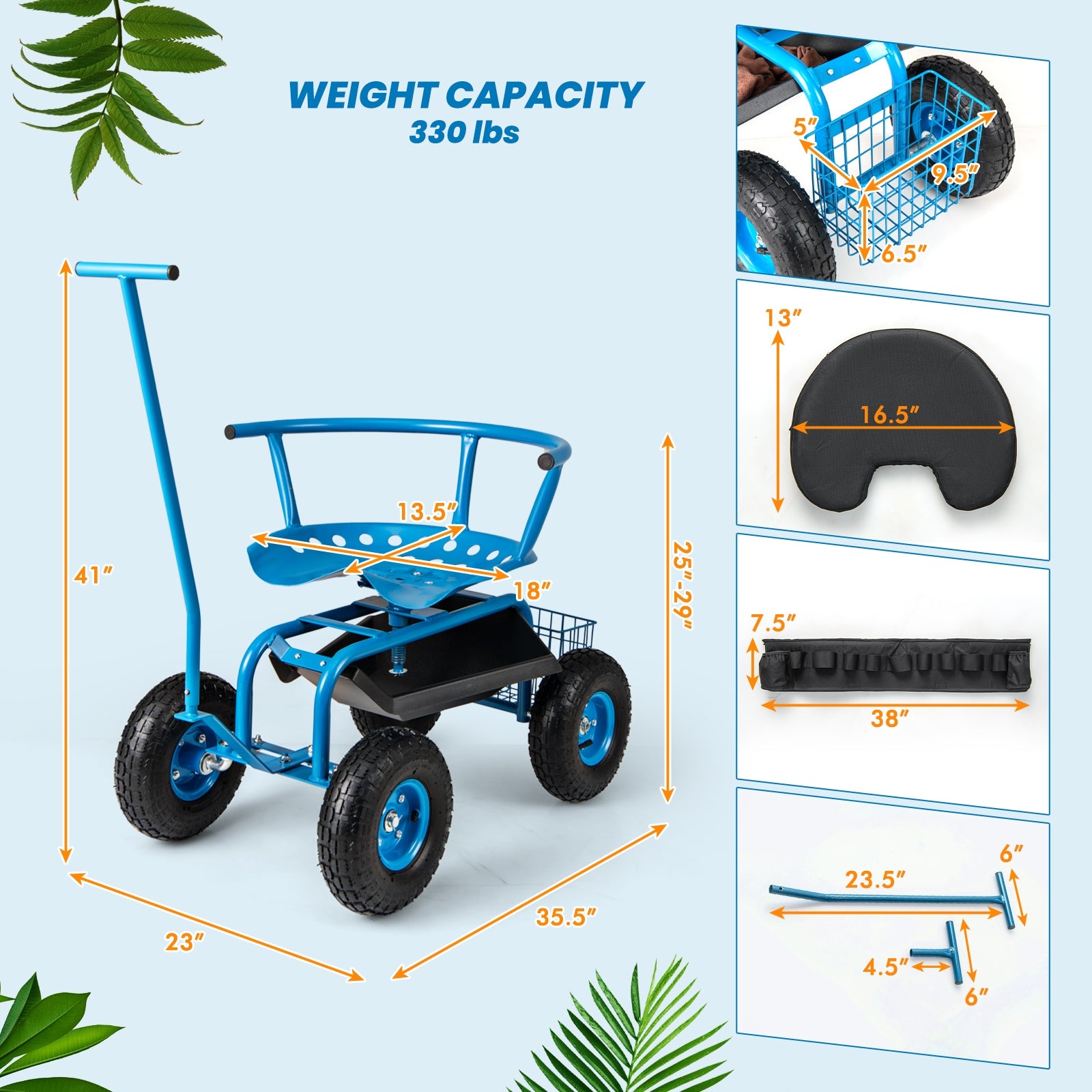 Rolling Garden Cart with Height Adjustable Swivel Seat and Storage Basket-Blue