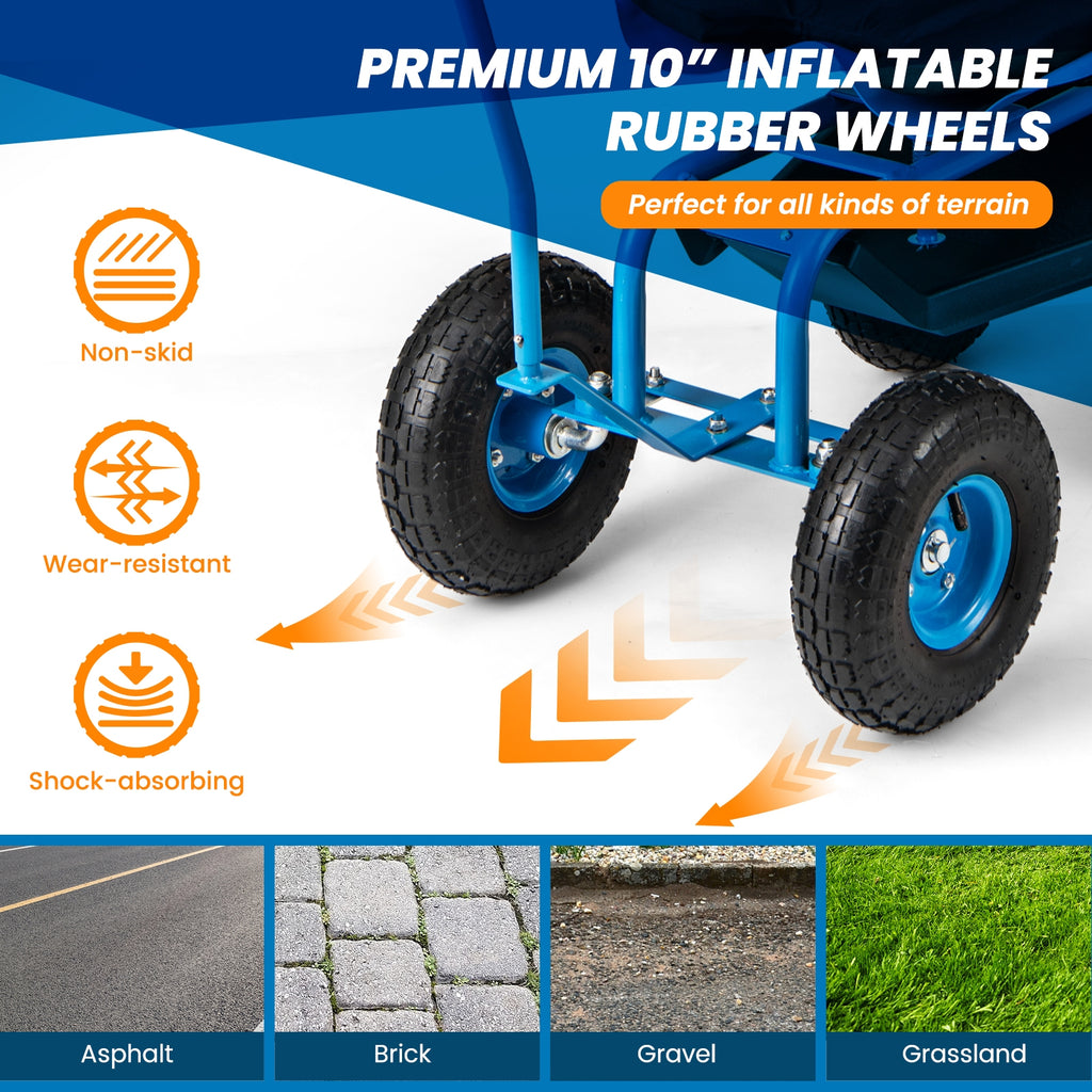 Rolling Garden Cart with Height Adjustable Swivel Seat and Storage Basket-Blue