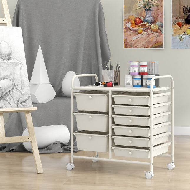 9-Drawer Rolling Storage Cart with Colorful Drawers and Metal Frame-White