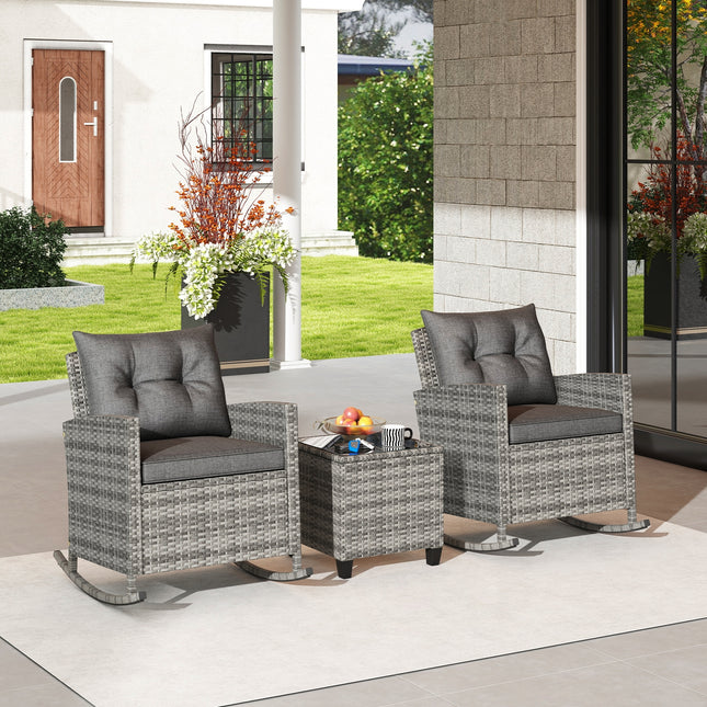 Patio Rattan Roker Chairs with Tempered Glass Table and Soft Cushions for Backyard  Poolside Porch-Gray