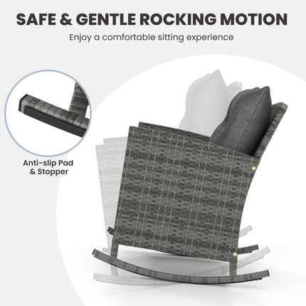 Patio Rattan Roker Chairs with Tempered Glass Table and Soft Cushions for Backyard  Poolside Porch-Gray