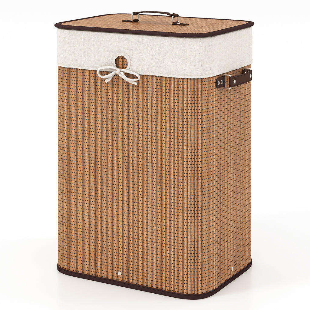 19 Gal Rectangle Laundry Basket Bamboo Clothes Hamper with Handles and Lid-Yellow