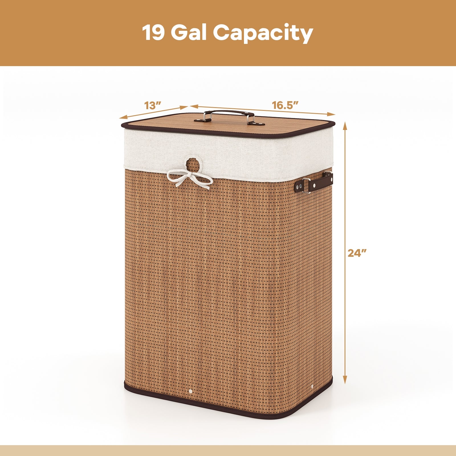 19 Gal Rectangle Laundry Basket Bamboo Clothes Hamper with Handles and Lid-Yellow