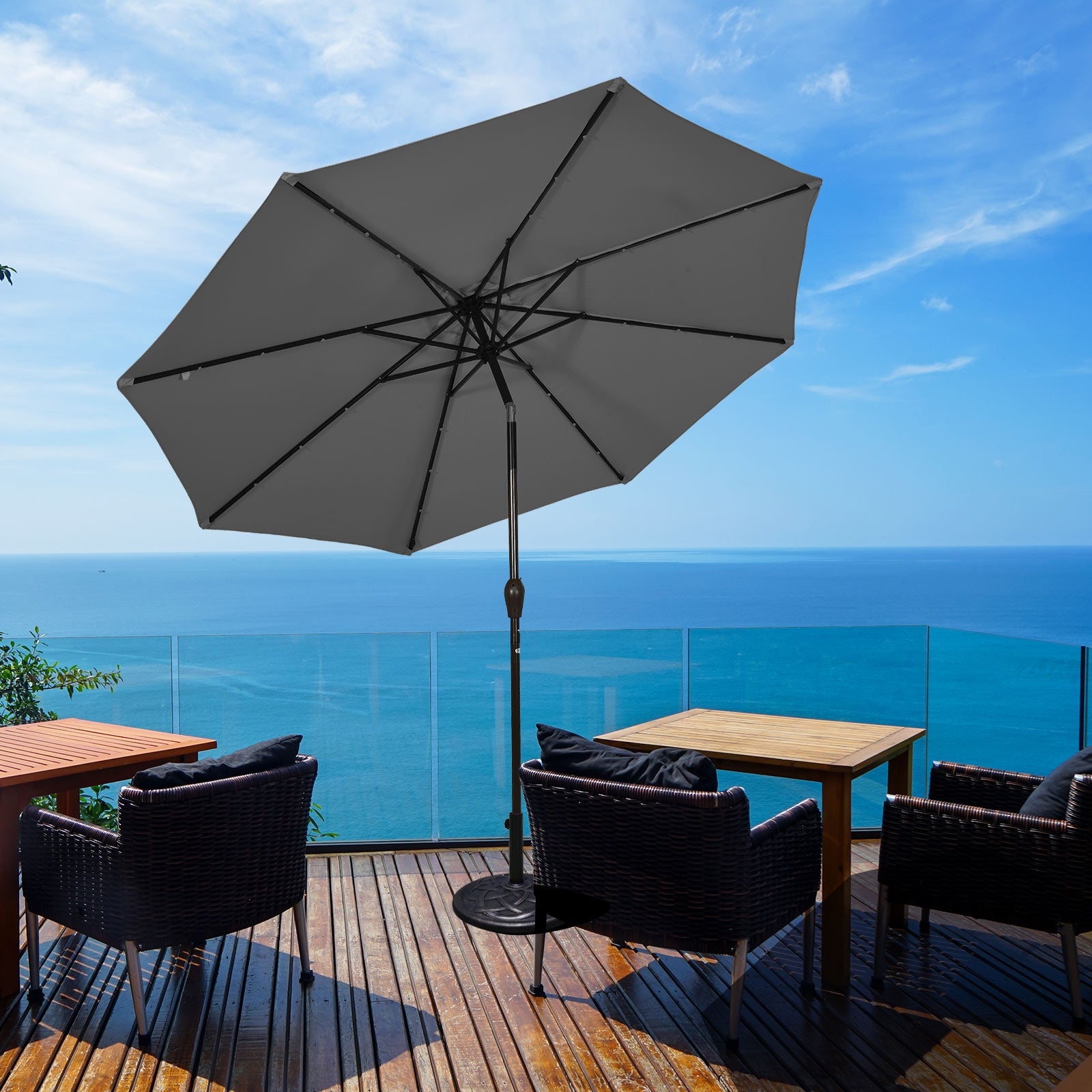Parasol de terrasse extérieur de 3 mètres avec lumières LED solaires lumineuses - Gris
