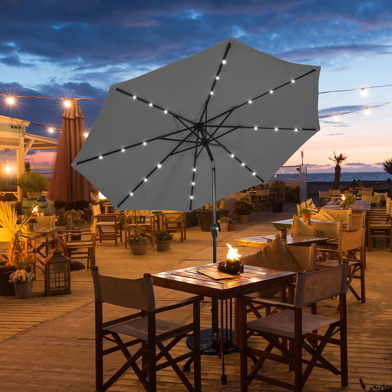 Parasol de terrasse extérieur de 3 mètres avec lumières LED solaires lumineuses - Gris