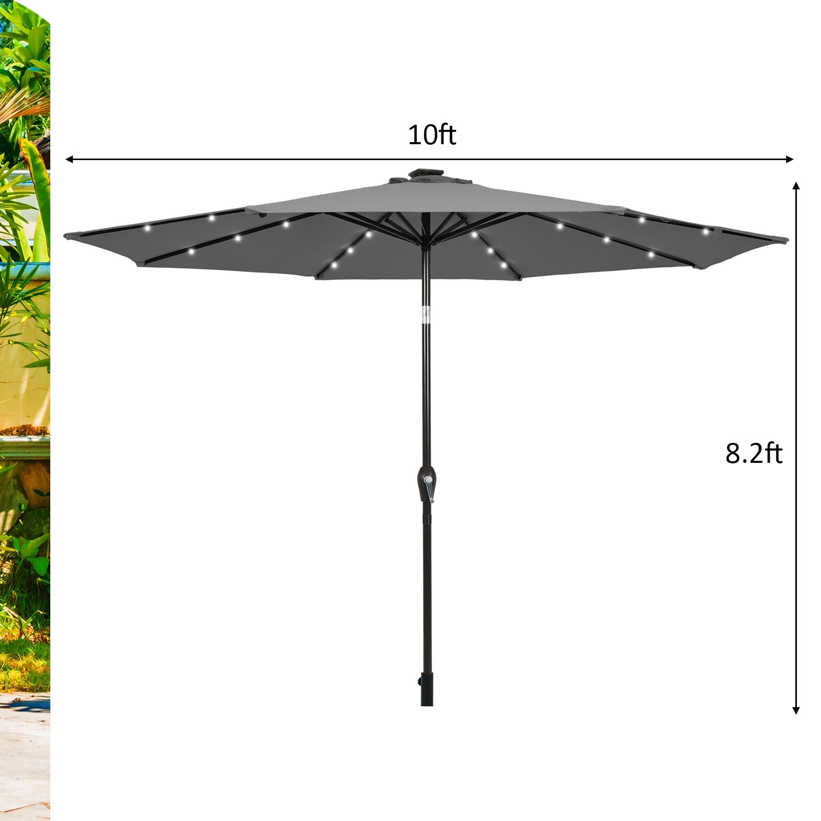 Parasol de terrasse extérieur de 3 mètres avec lumières LED solaires lumineuses - Gris