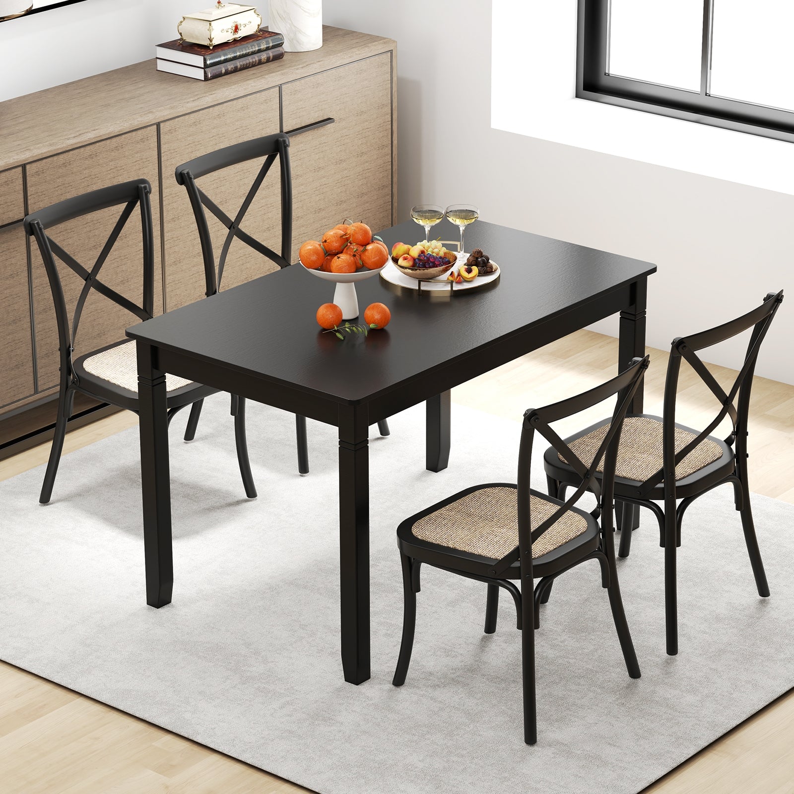 48-Inch Wooden Dining Table for 4 People Rectangular Kitchen Table with Rubber Wood Legs-Black