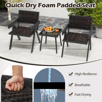 3 Pieces Patio PE Wicker Bistro Set with Quick-Drying Foam-Black