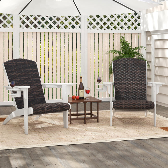 Patio Adirondack Chair with Rattan Padded Seat and Hidden Cupholder-White