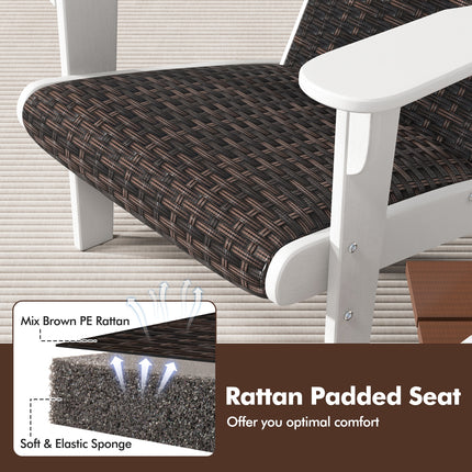 Patio Adirondack Chair with Rattan Padded Seat and Hidden Cupholder-White