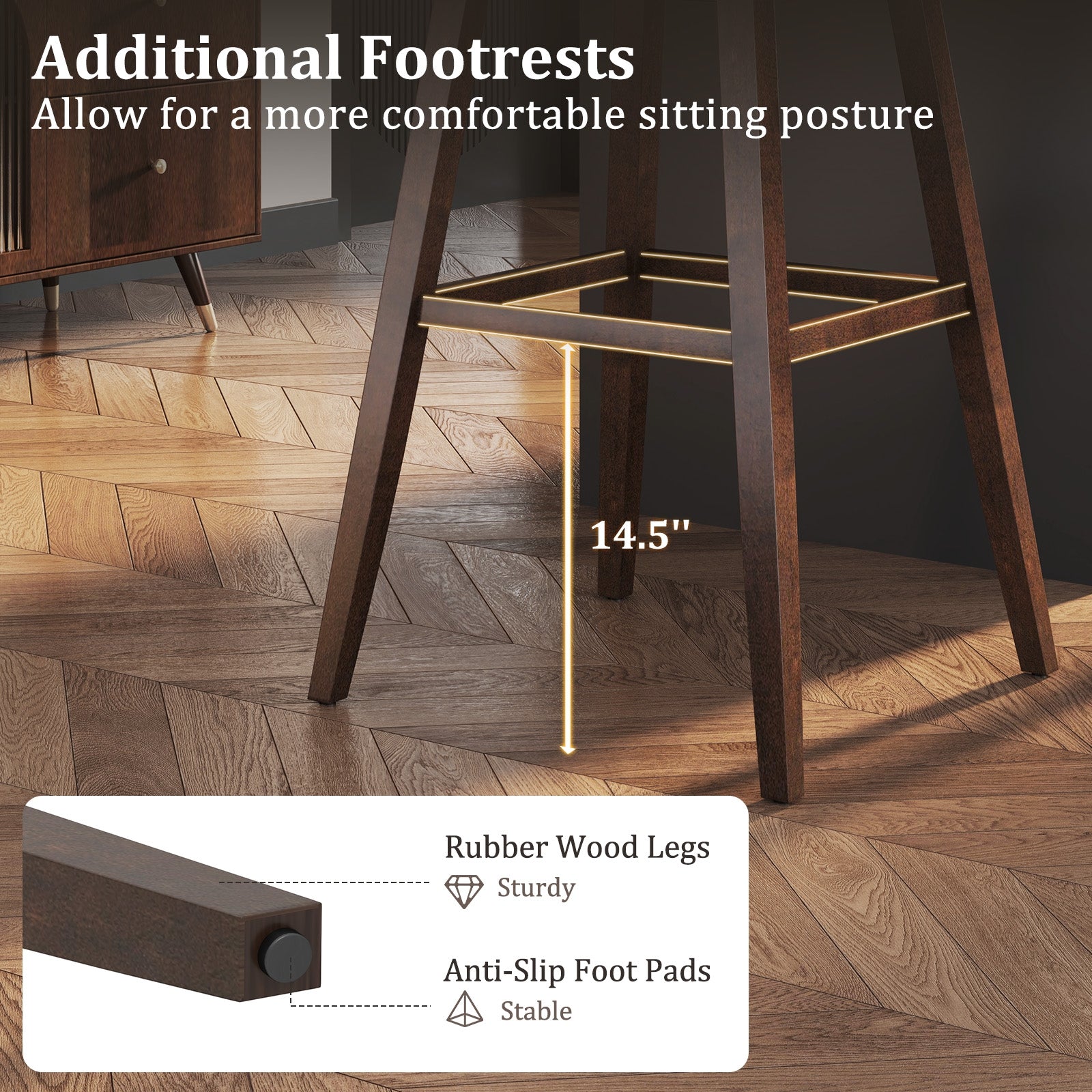Swivel Bar Stools Set of 2 with Footrest and Rubber Wood Legs-Brown