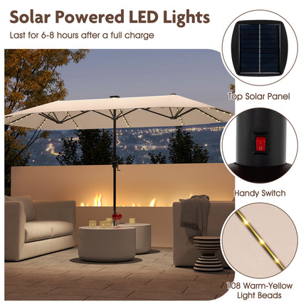 13 FT Large Patio Umbrella with LED Solar Lights and Crank Handle-Beige