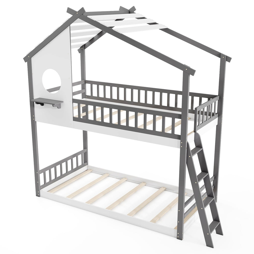 Twin over Twin House Bunk Bed with Roof and Guardrails for Kids-White & Gray