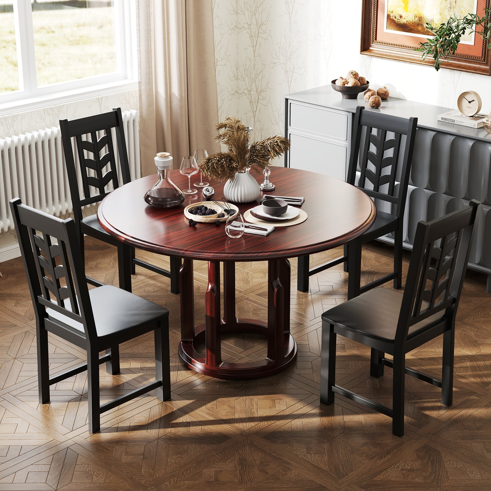 Kitchen Side Dining Chair Set of 2 with Rubber Wood Frame-Black