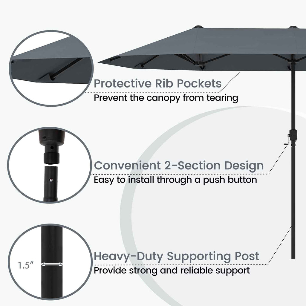 13 FT Large Patio Umbrella Outdoor Double-Sided Table Market Umbrella with Crank Handle-Gray