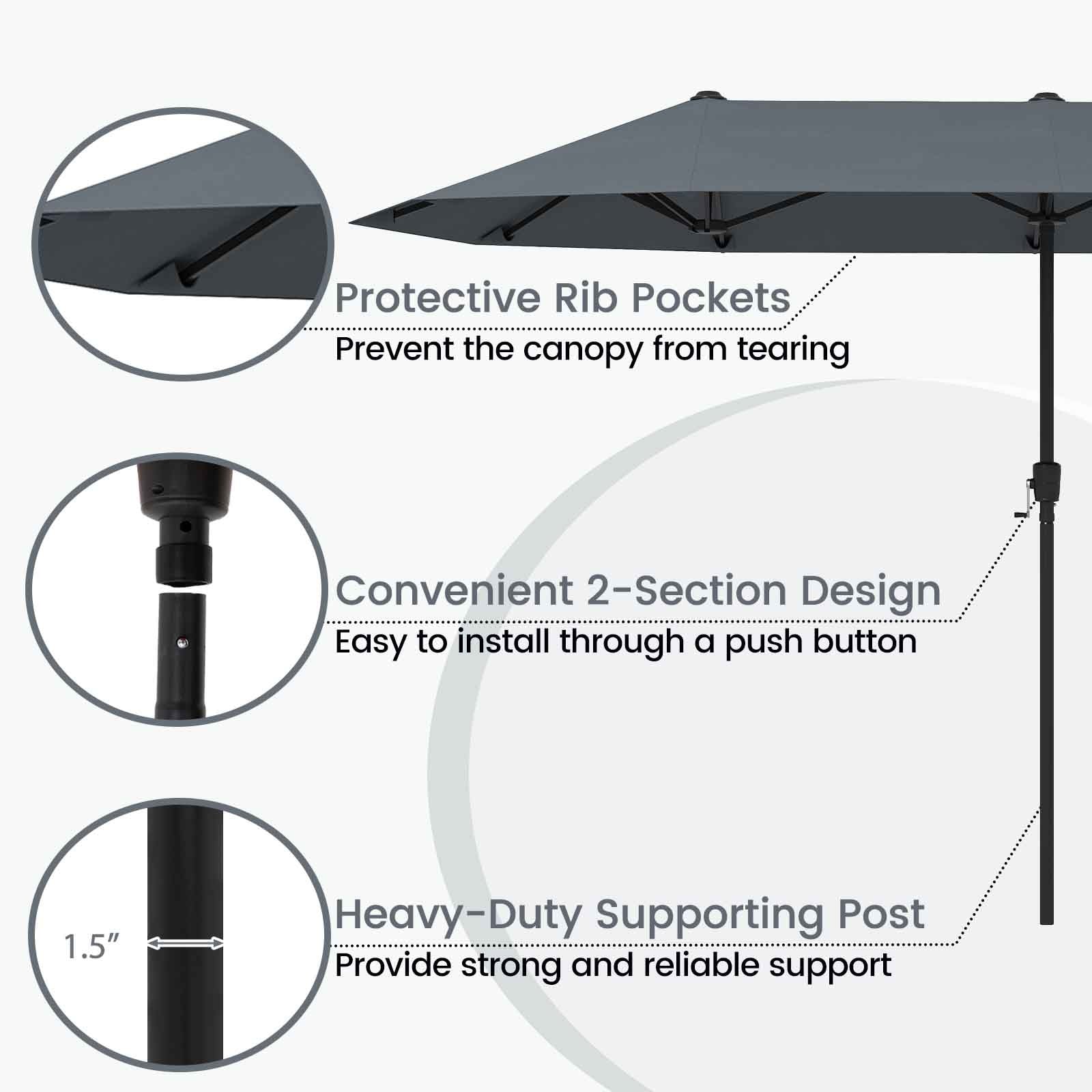 13 FT Large Patio Umbrella Outdoor Double-Sided Table Market Umbrella with Crank Handle-Gray