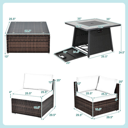7 Pieces Patio Furniture Set with 35 Inches 50000 BTU Propane Gas Fire Pit Table and Waterproof Cover for Firpit-White