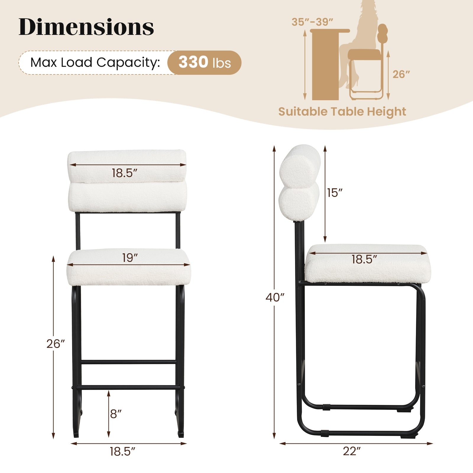 26 Inch Counter Height Bar Stools Set of 2 with Metal Frame and Footrest-White