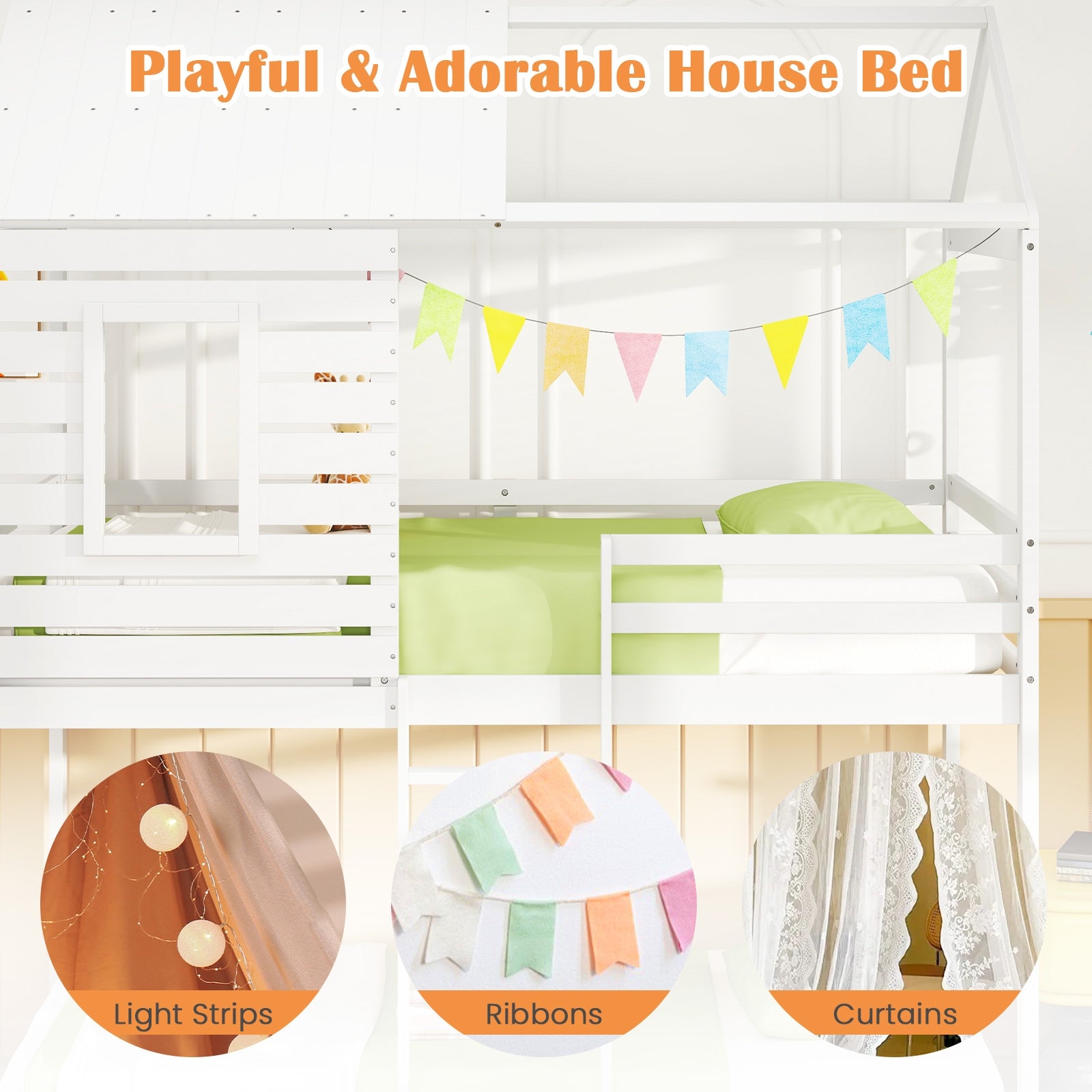 Twin over Twin House Bunk Bed with Roof and Full-length Guardrails-White
