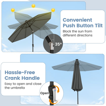 10 Feet Solar Patio Umbrella with 96 Multi-Colored Flowing LED Lights and Tilt Adjustment-Gray