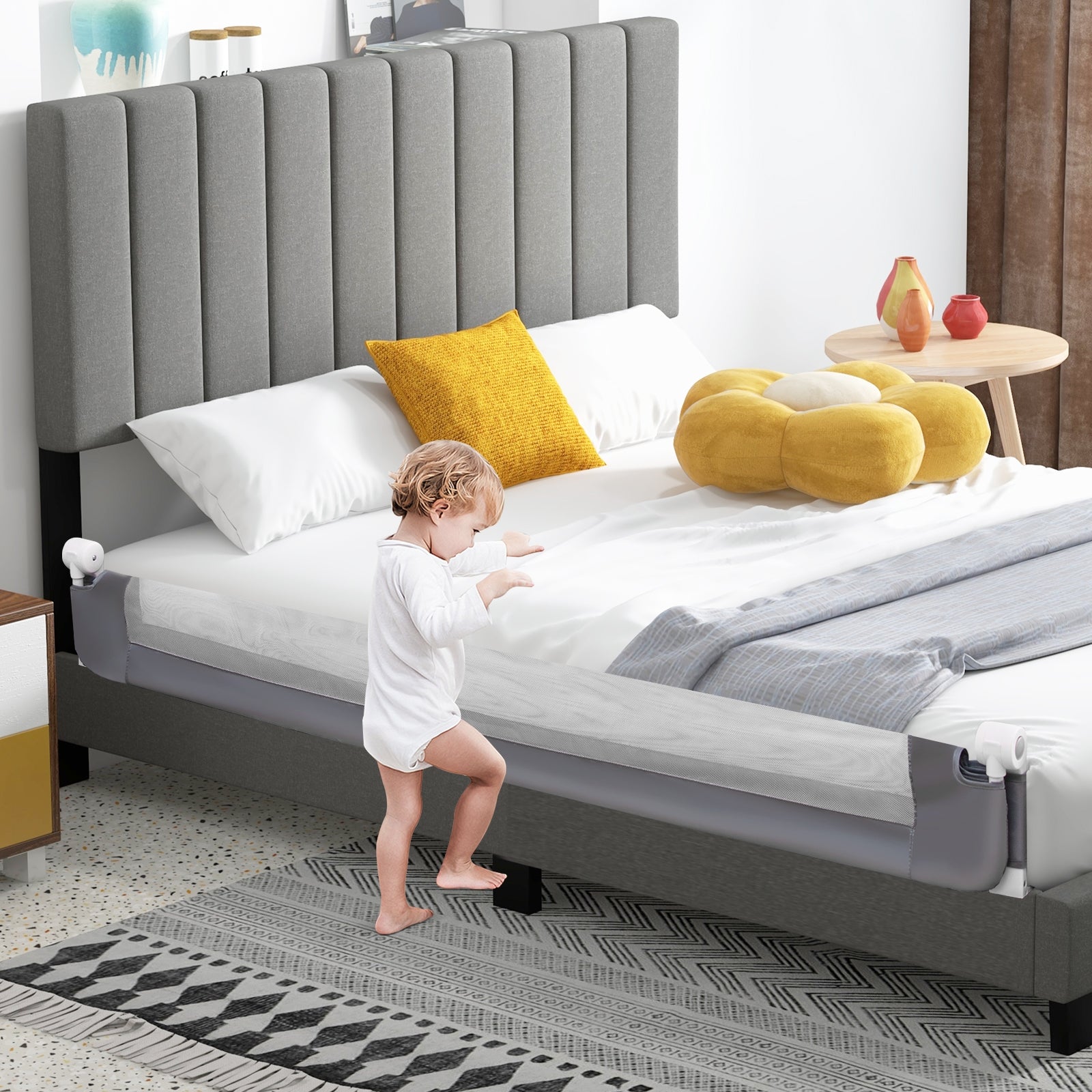 71-Inch Foldable Bed Rail Swing Down Baby Bed Guard Rail with Adjustable Safety Strap-Gray