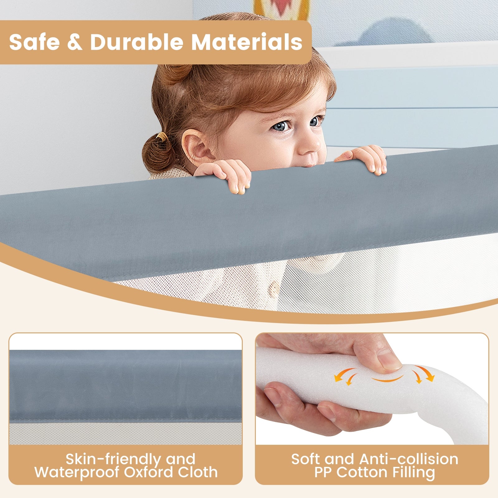 71-Inch Foldable Bed Rail Swing Down Baby Bed Guard Rail with Adjustable Safety Strap-Gray