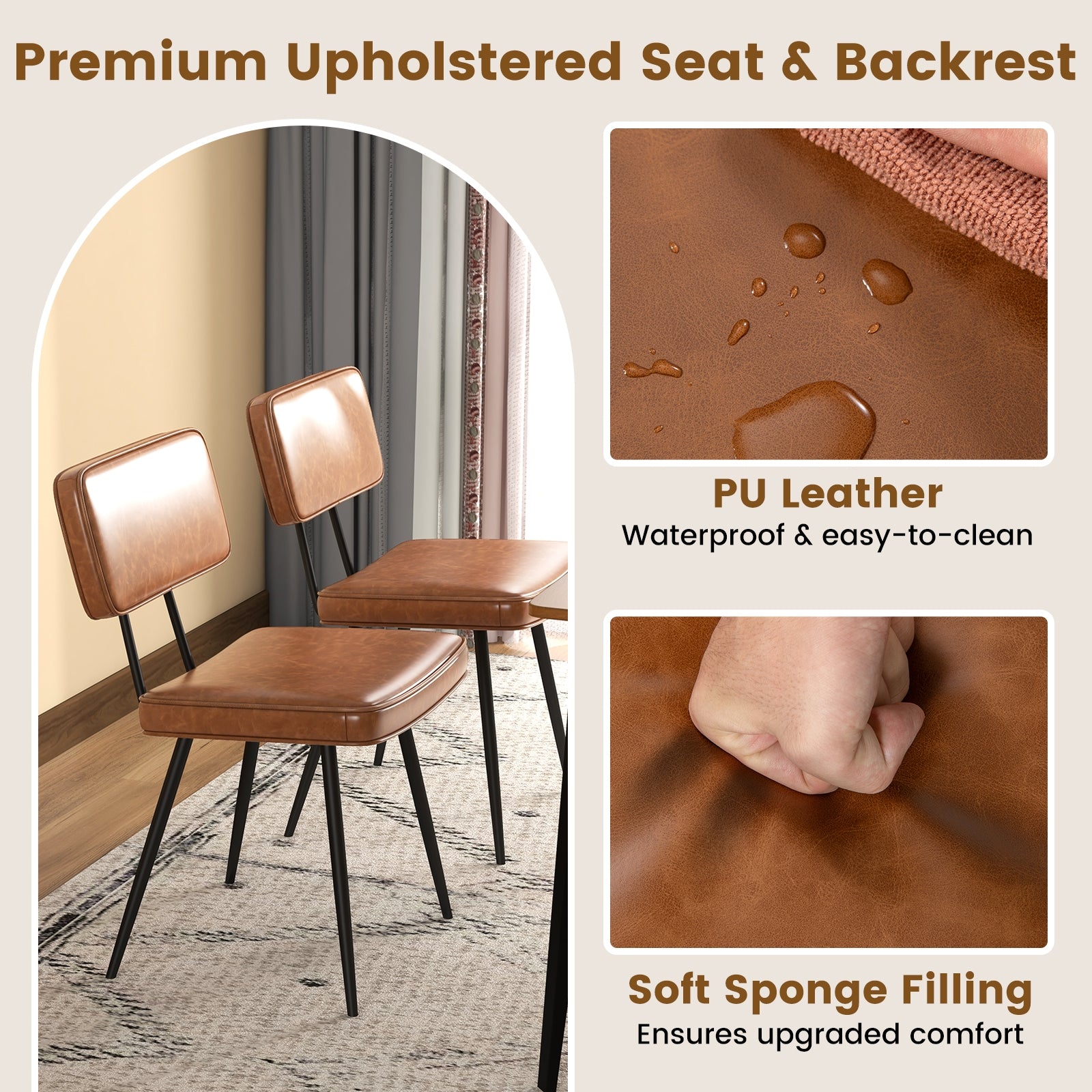 Dining Chair Set of 2 with Padded Backrest and Seat-Brown