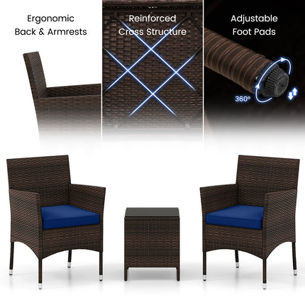 3 Pieces Outdoor Conversation Set with Cushioned Seat and Glass Tabletop-Navy