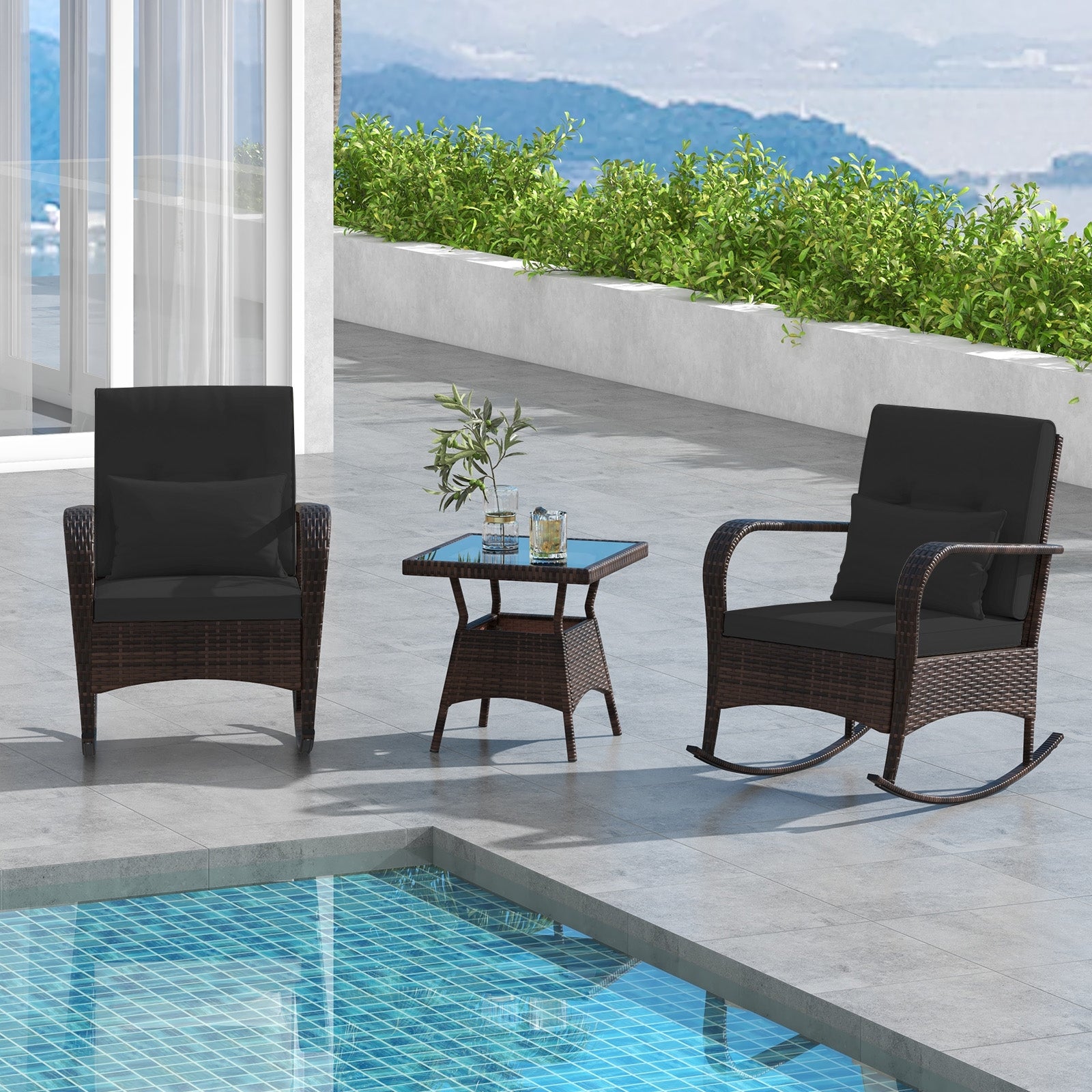 Ensemble de 3 pièces à bascule d'extérieur avec table basse en verre trempé pour jardin, bord de piscine - Noir