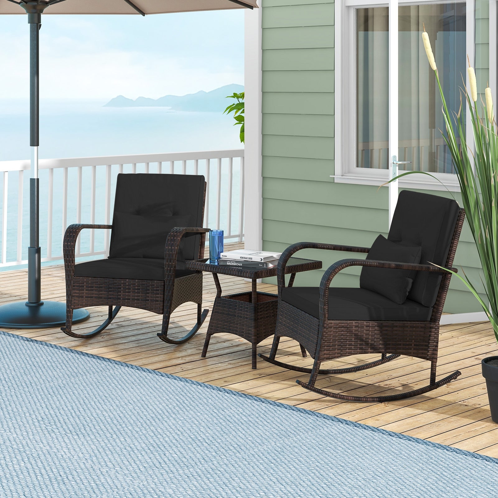 Ensemble de 3 pièces à bascule d'extérieur avec table basse en verre trempé pour jardin, bord de piscine - Noir