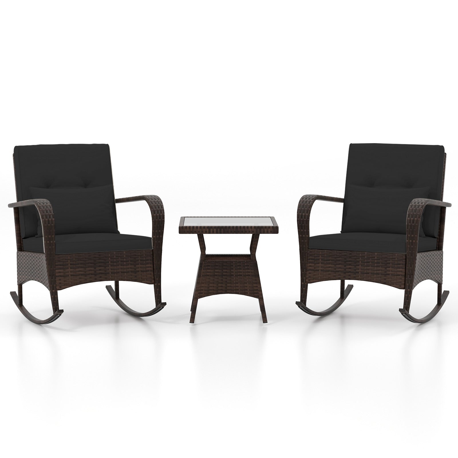 Ensemble de 3 pièces à bascule d'extérieur avec table basse en verre trempé pour jardin, bord de piscine - Noir