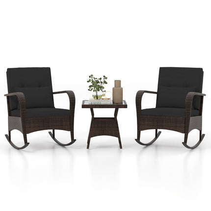 3 Pieces Outdoor Rocking Set with Tempered Glass Coffee Table for Backyard Poolside-Black
