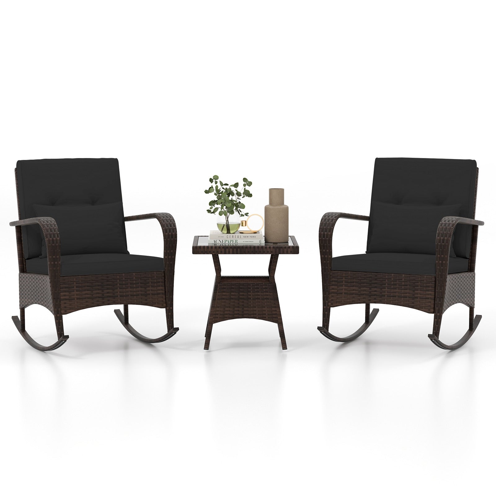 Ensemble de 3 pièces à bascule d'extérieur avec table basse en verre trempé pour jardin, bord de piscine - Noir
