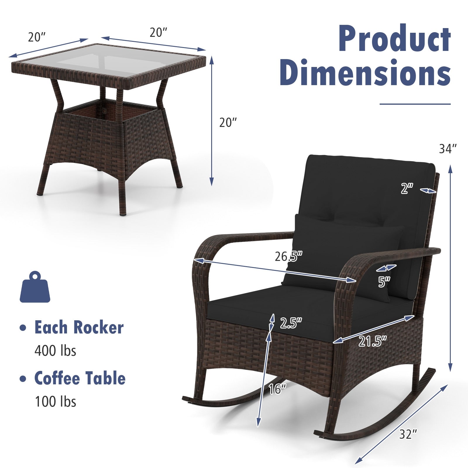 Ensemble de 3 pièces à bascule d'extérieur avec table basse en verre trempé pour jardin, bord de piscine - Noir