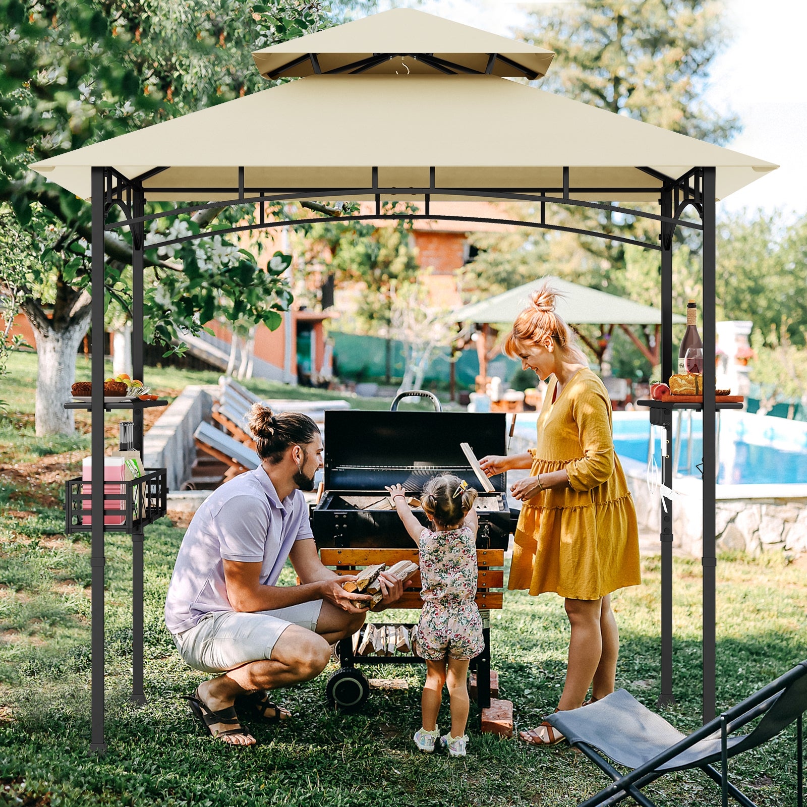 Gazebo de grillades d'extérieur 8 x 5 pieds avec 2 tablettes latérales et 10 crochets - Beige