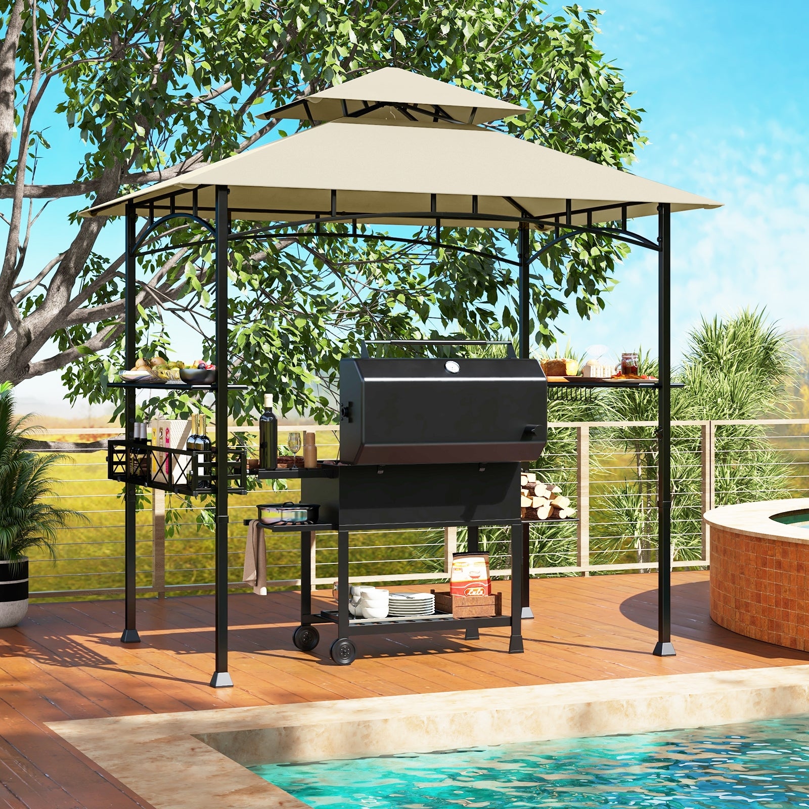 Gazebo de grillades d'extérieur 8 x 5 pieds avec 2 tablettes latérales et 10 crochets - Beige