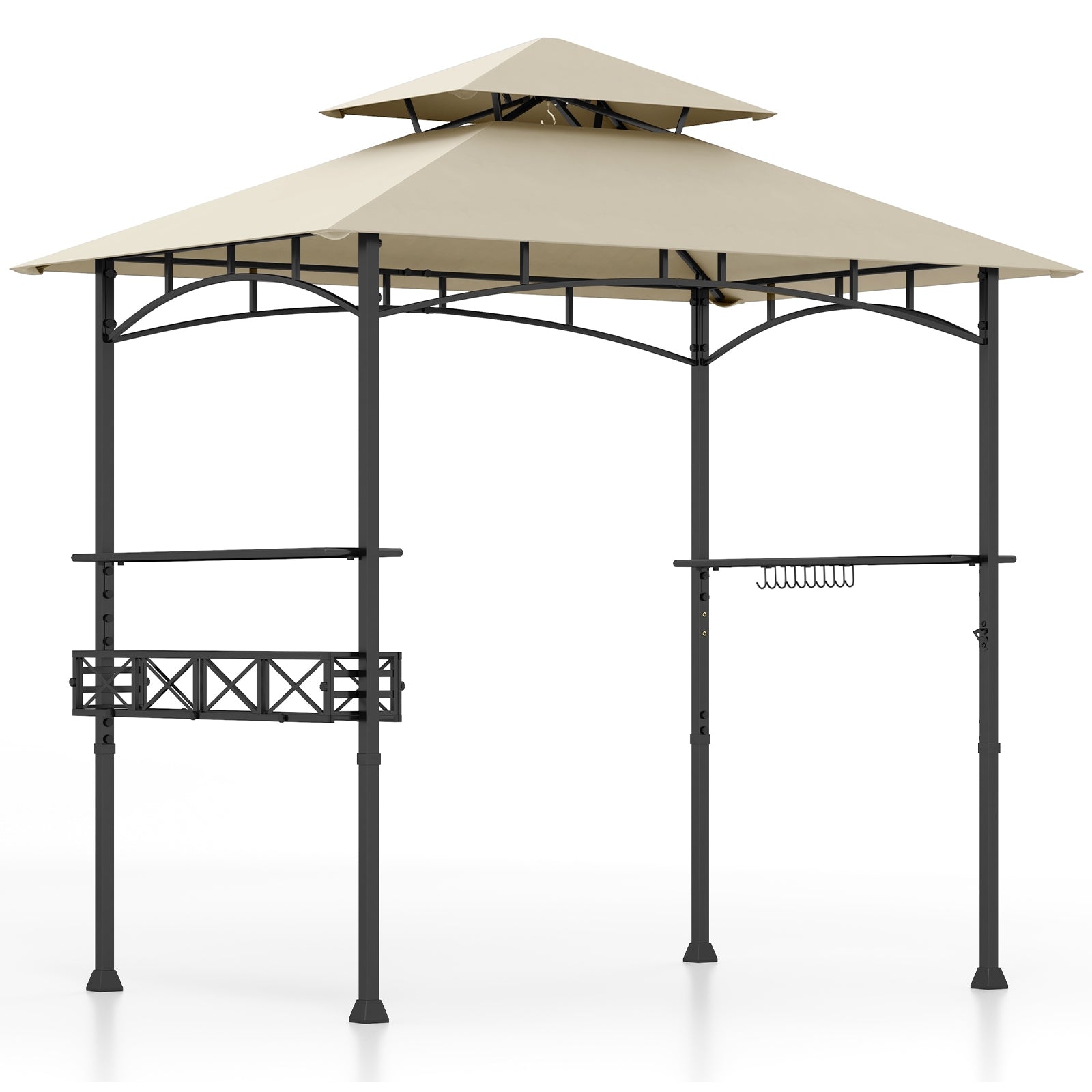 Gazebo de grillades d'extérieur 8 x 5 pieds avec 2 tablettes latérales et 10 crochets - Beige