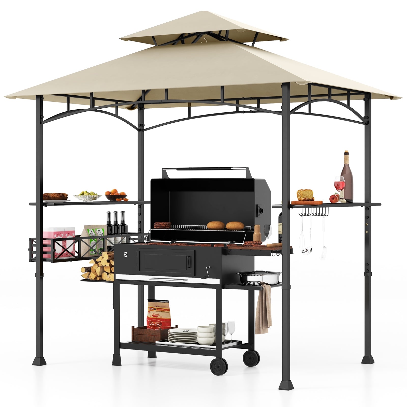 Gazebo de grillades d'extérieur 8 x 5 pieds avec 2 tablettes latérales et 10 crochets - Beige