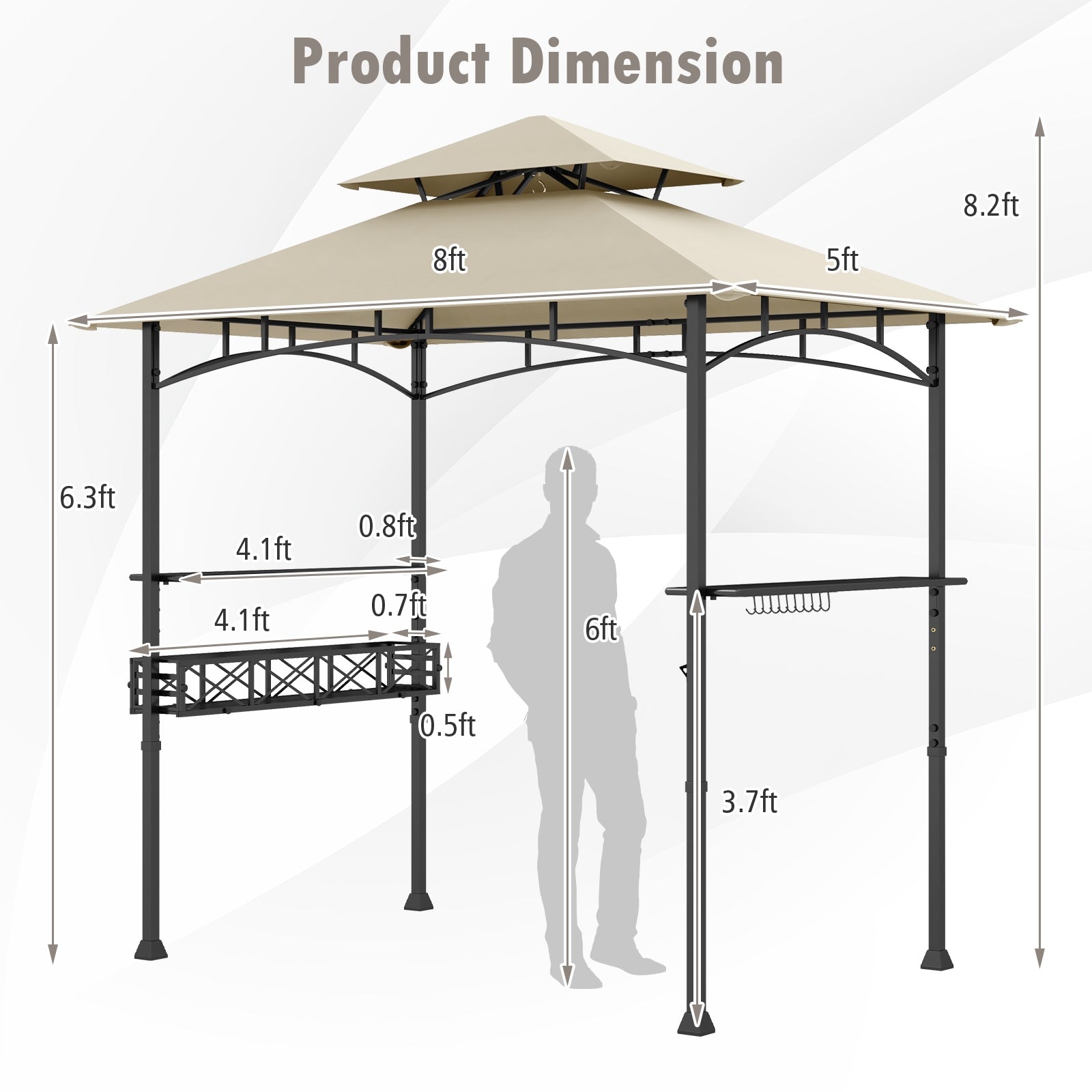 Gazebo de grillades d'extérieur 8 x 5 pieds avec 2 tablettes latérales et 10 crochets - Beige