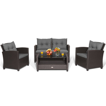 4 Pieces Patio Rattan Conversation Furniture Set with Glass Top Coffee Table-Gray