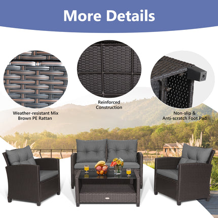 4 Pieces Patio Rattan Conversation Furniture Set with Glass Top Coffee Table-Gray