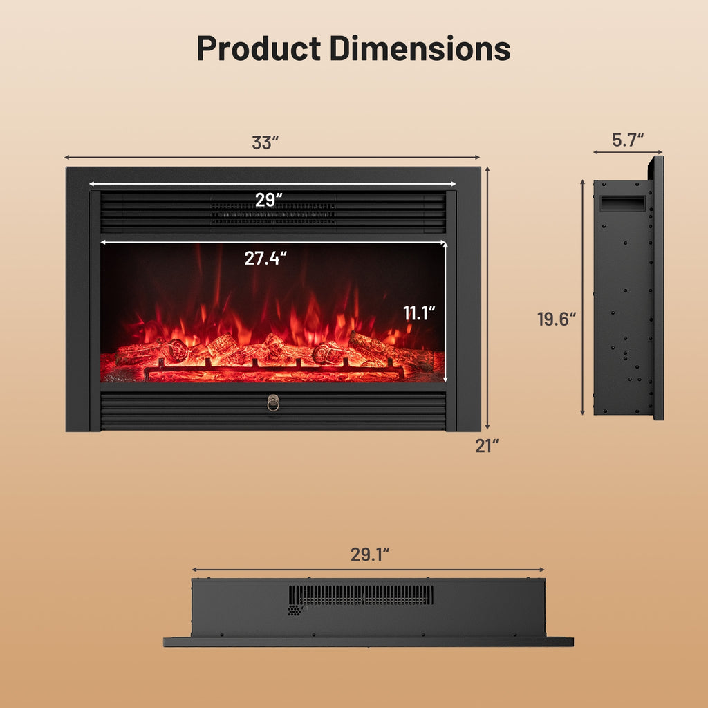 33/36-Inch Electric Fireplace Insert 750W/1500W Recessed Fireplace Heater-750W