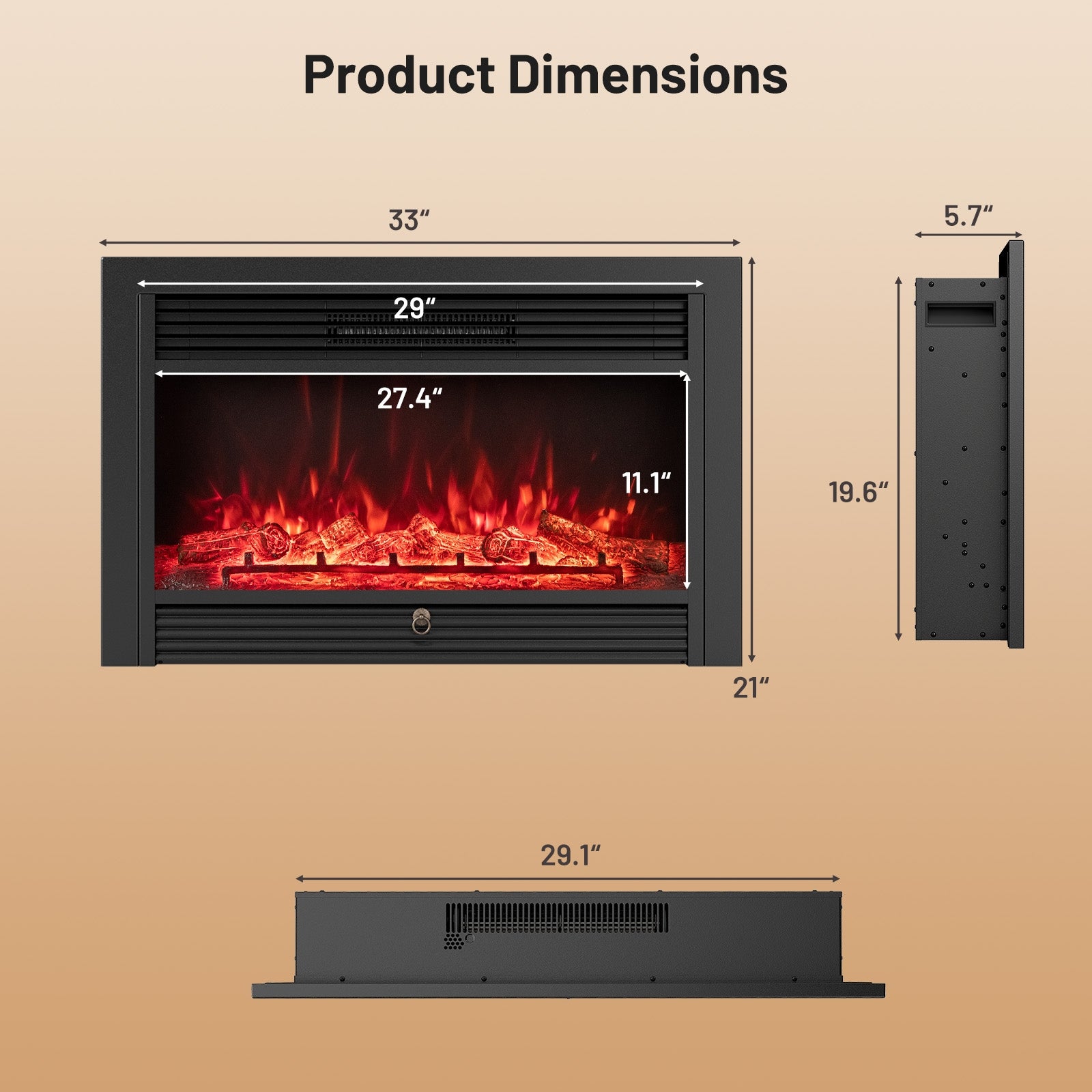 33/36-Inch Electric Fireplace Insert 750W/1500W Recessed Fireplace Heater-750W