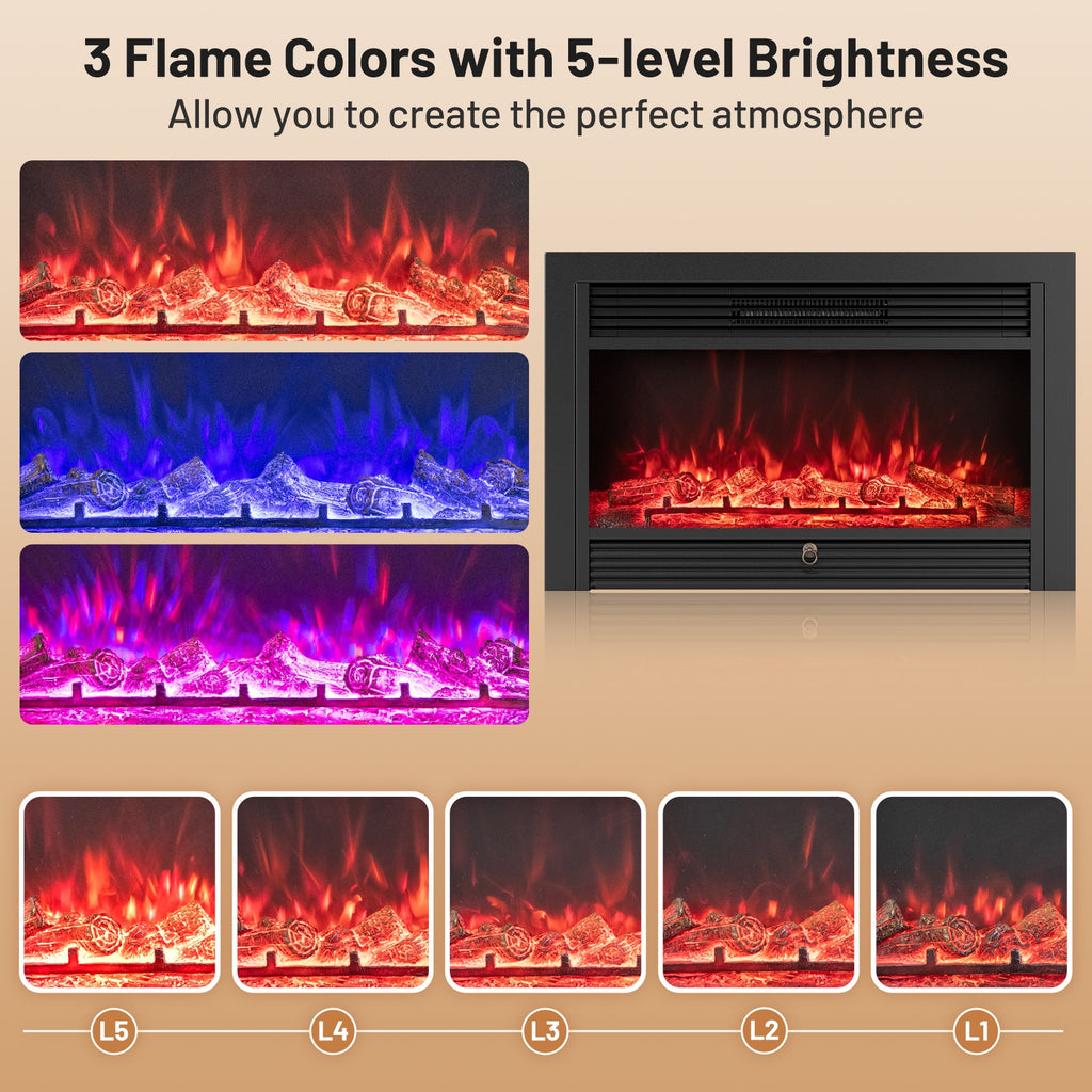 33/36-Inch Electric Fireplace Insert 750W/1500W Recessed Fireplace Heater-750W