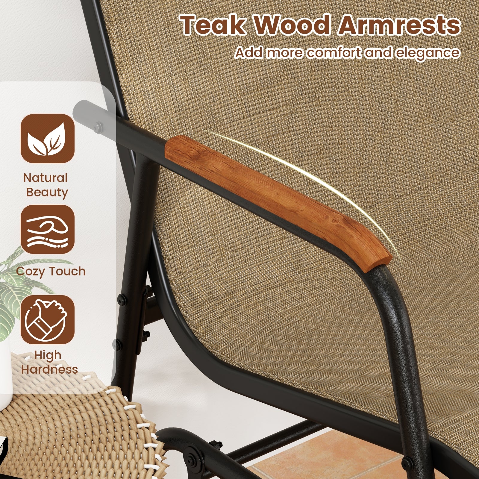 Patio Glider Bench with Curved Teak Armrests and Breathable Fabric Seat for 3 People-Brown
